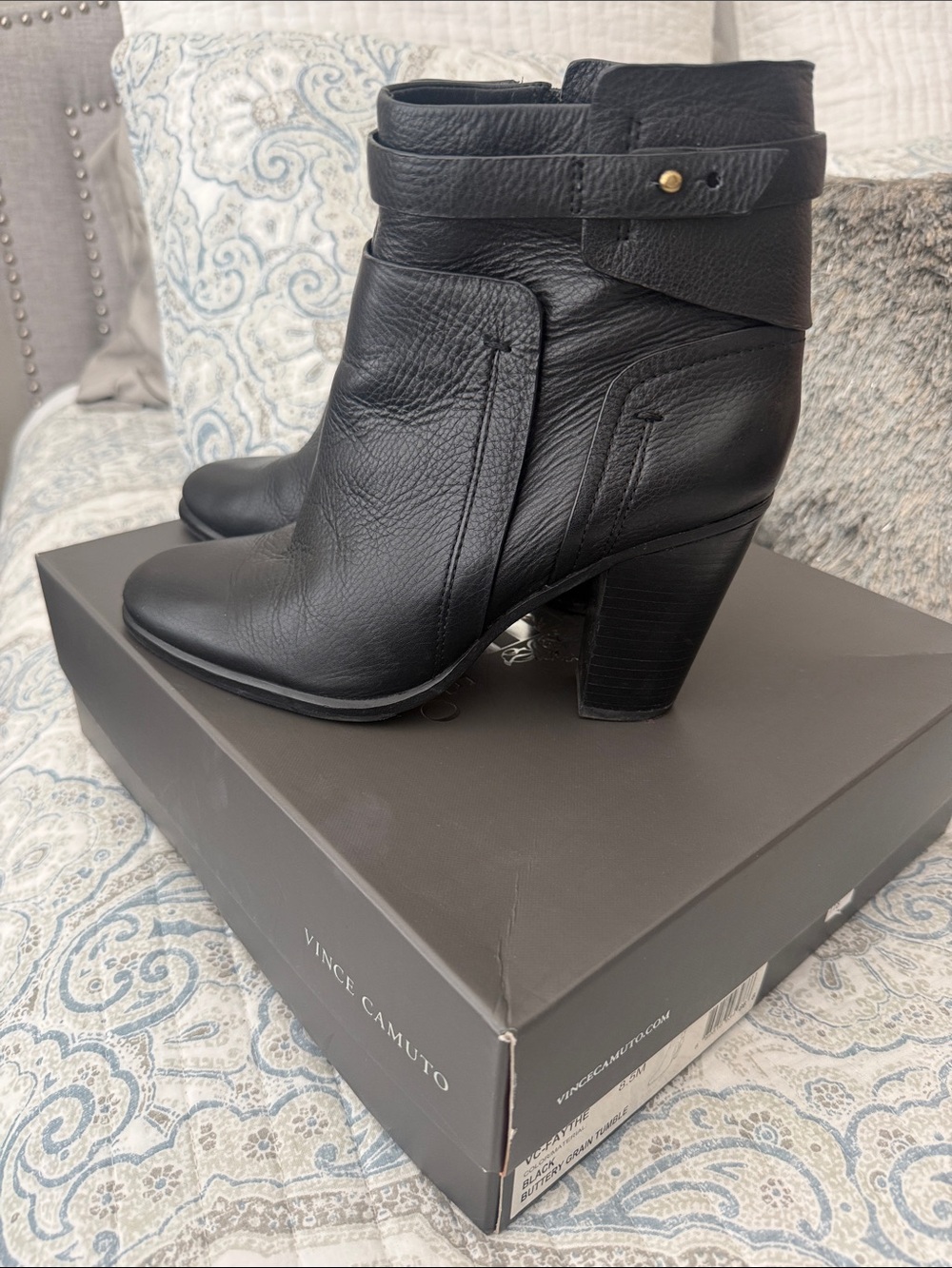 Vince Camuto Faythe Black Leather Strap Ankle Boots